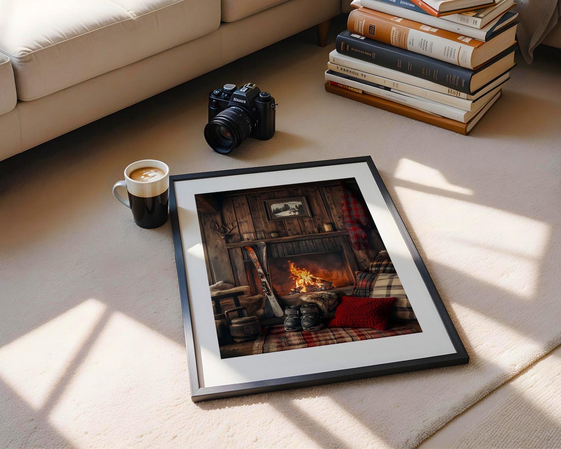 Cozy Ski Lodge Fireplace Scene Rustic Cabin Winter Retreat Poster - Image 4