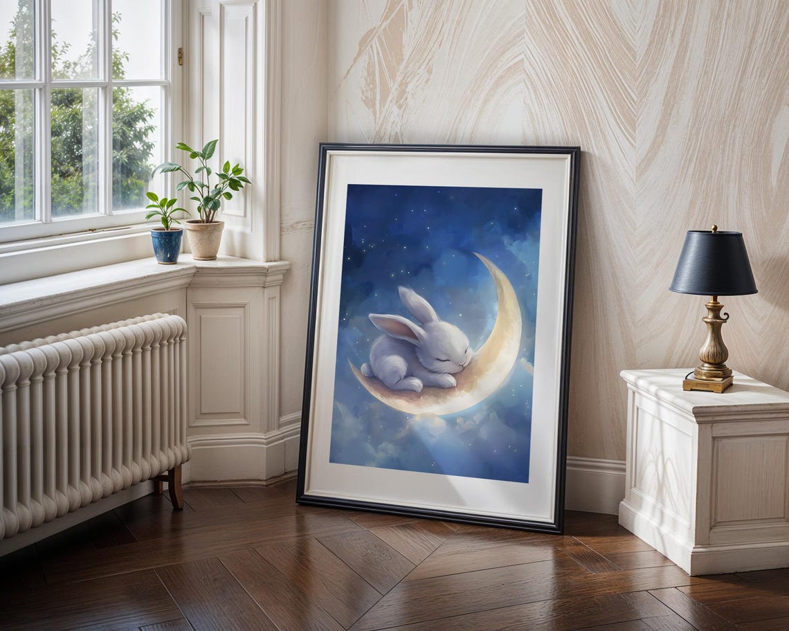 Dreamy Bunny Moon Nursery Wall Art Sleepy Rabbit Crescent Illustration Celestial Night Sky Baby Room Kids Decor - Image 5