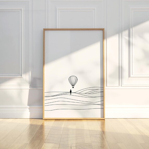 Minimalist Man Hot Air Balloon Rolling Hills Line Art Poster