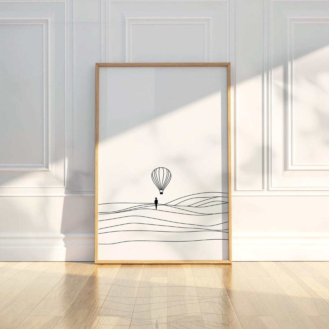 Minimalist Man Hot Air Balloon Rolling Hills Line Art Poster