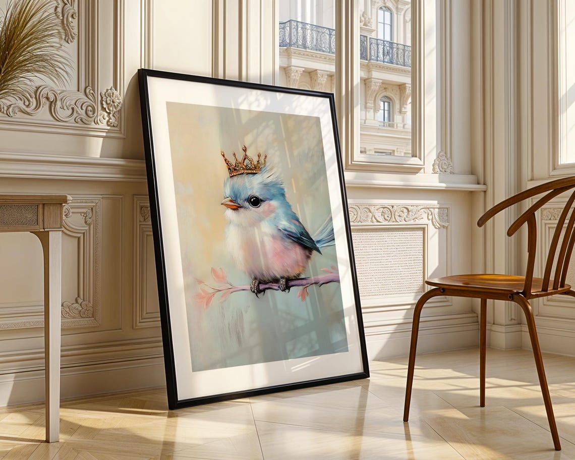 Crowned Blue Bird Pastel Painting Illustration Trendy Wall Art Modern Prints Bedroom Decor Nursery Print - Image 5