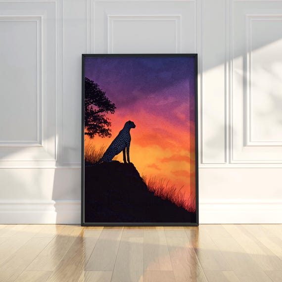 Wild Leopard Sunset Wall Art Print Animal Illustration Sunrise Painting Landscape Trendy Poster Modern Home Decor