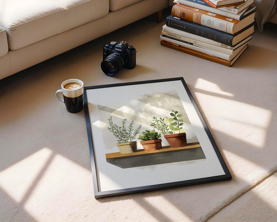 Three Potted Plants Wooden Shelf Soft Minimalist Botanical Wall Art - Image 4