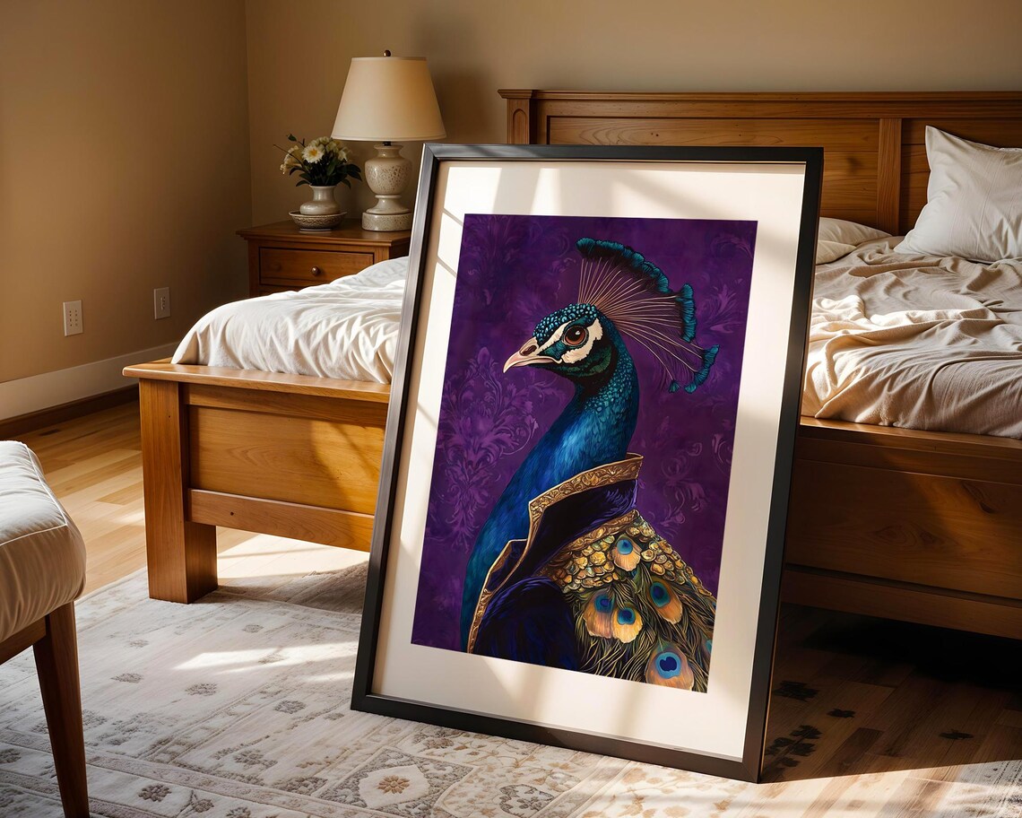 Peacock Portrait Purple Damask Elegant Royal Bird Luxury Art Poster - Image 4