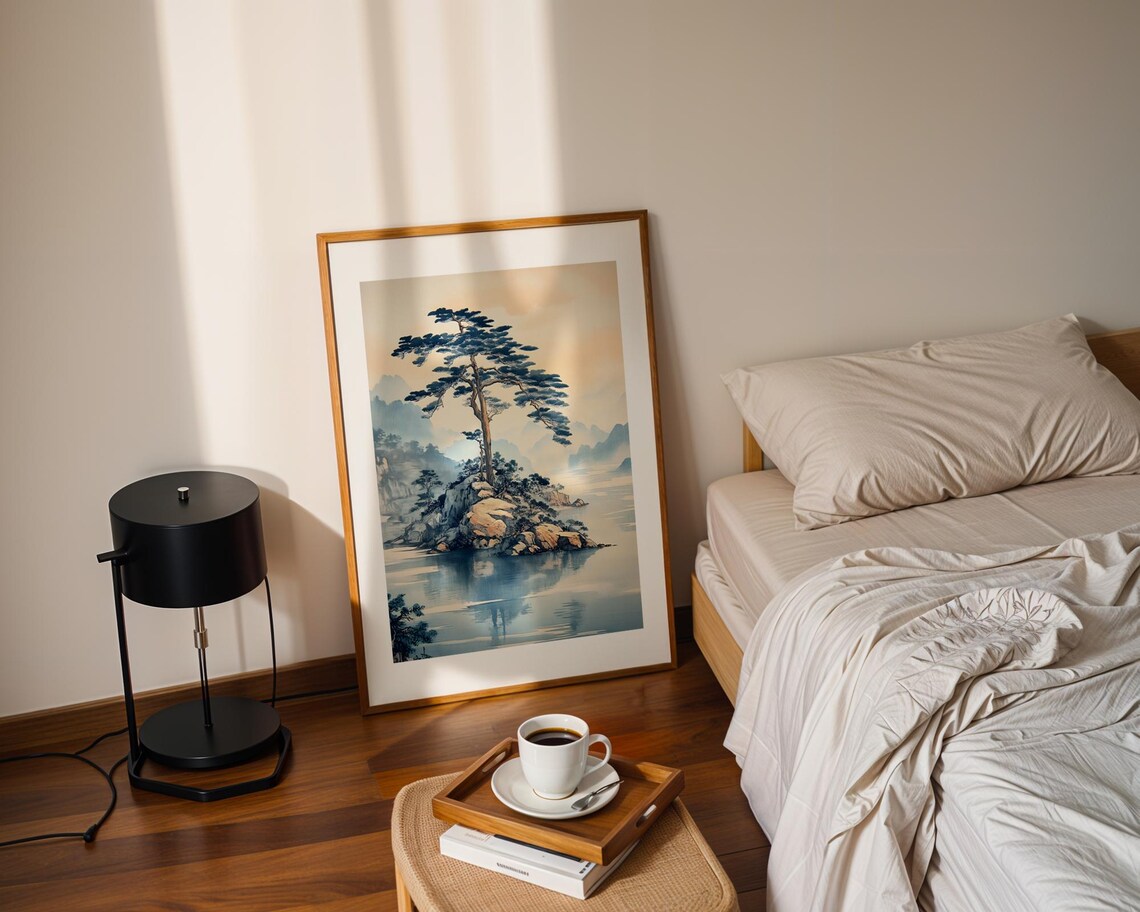 Lone Pine Tree on Rocky Island Japanese Ink Wash Painting Poster - Image 2
