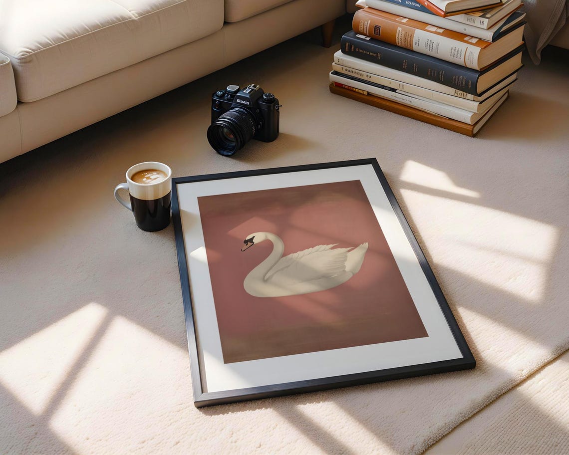 Vintage White Swan Dusty Rose Background Bird Painting Poster - Image 5