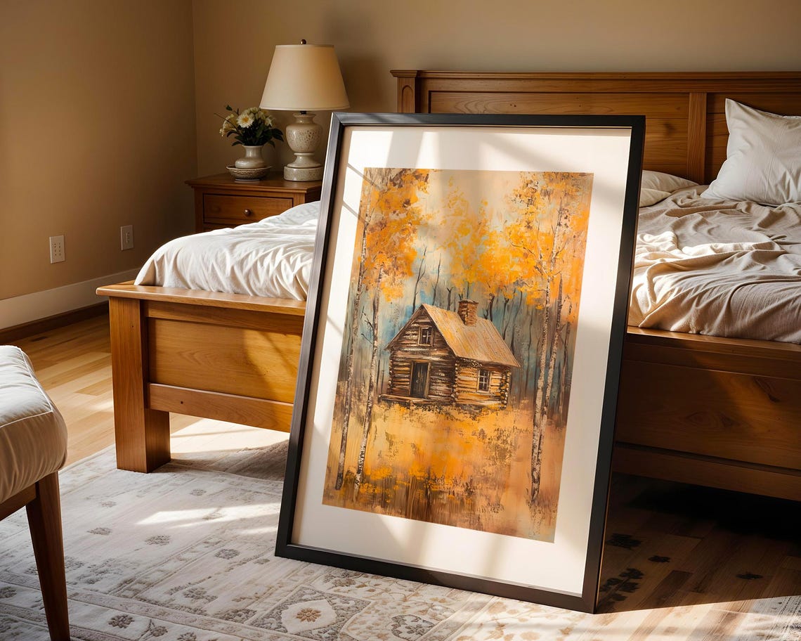 Autumn Log Cabin In Golden Forest Rustic Landscape Painting Poster - Image 4