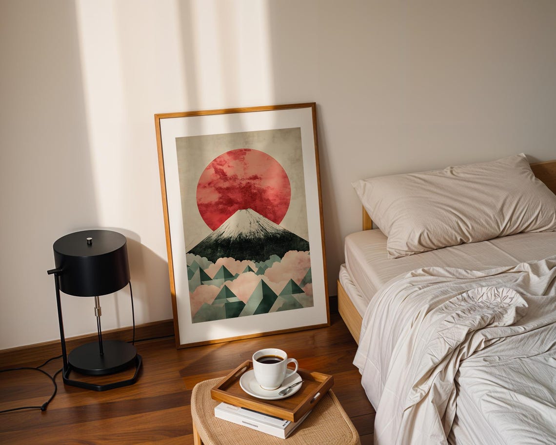 Mount Fuji Under Giant Red Sun Modern Geometric Japanese Poster - Image 2