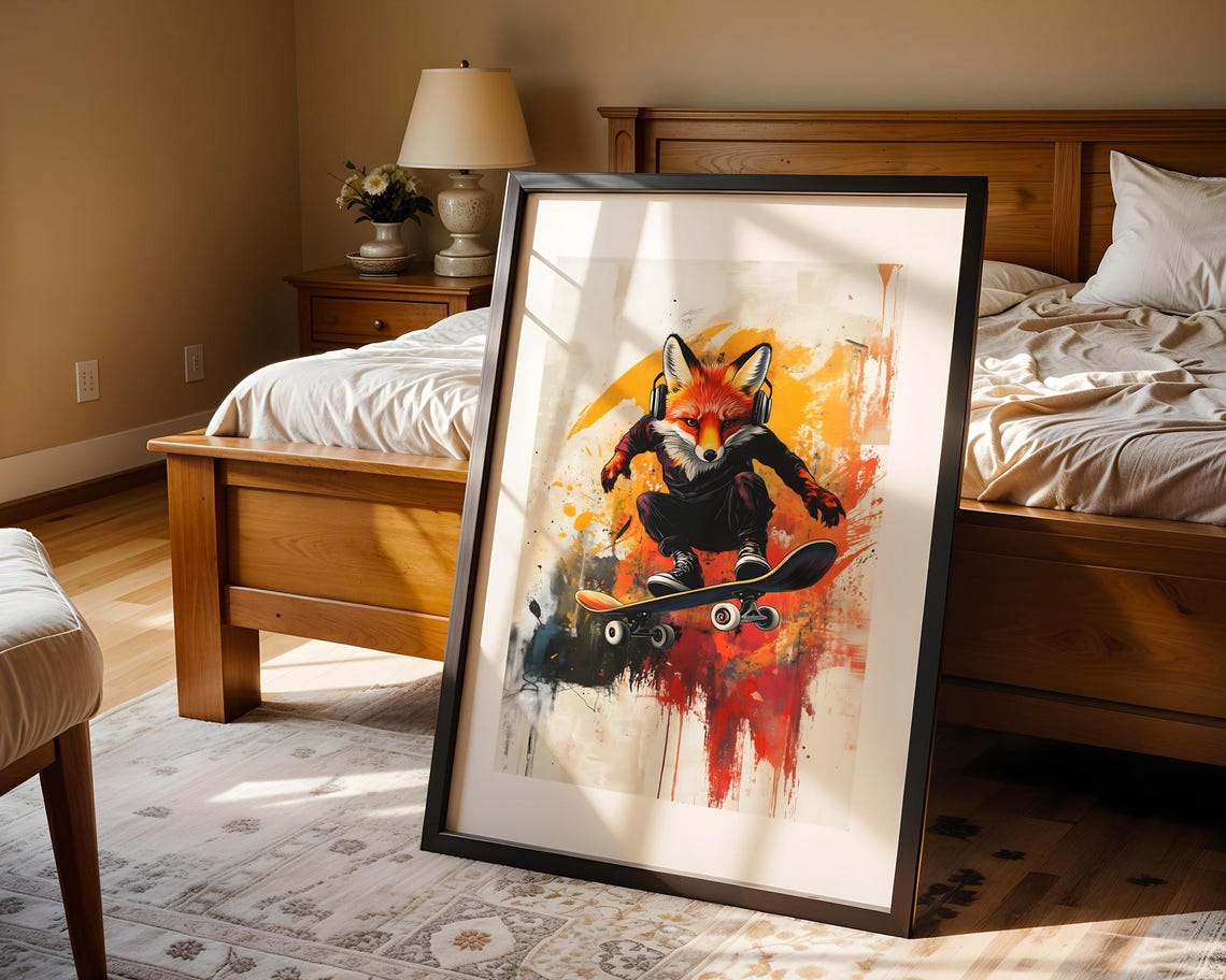 Skateboarding Fox Headphones Splash Paint Orange Action Skater Poster - Image 4