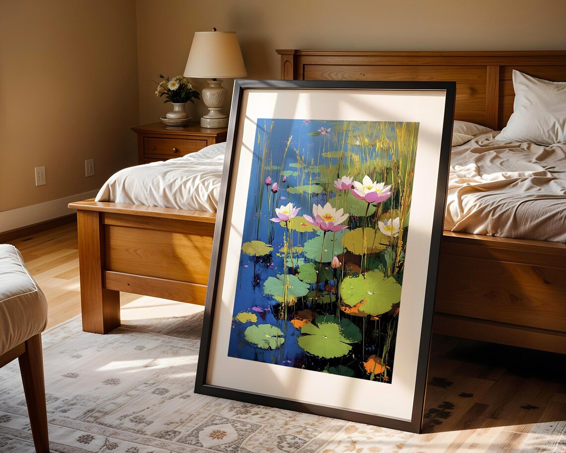 Water Lilies Blue Pond Lily Pads Tranquil Floral Oil Painting Poster - Image 4