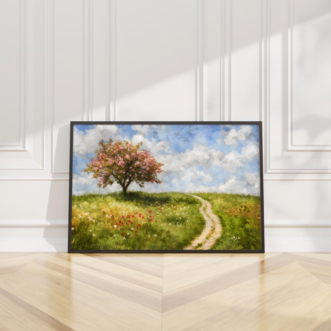 Blossoming Tree Green Hill Country Path Summer Landscape Wall Art
