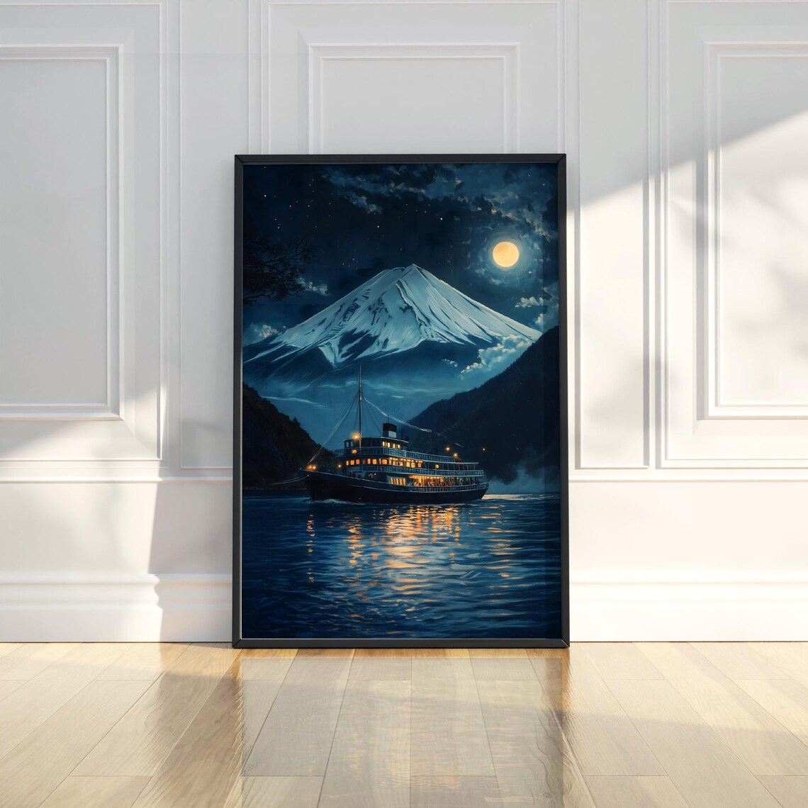 Moonlit Mount Fuji Lake Night Boat Japanese Landscape Art Poster