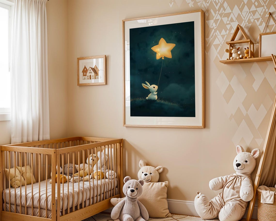 Cute Bunny Holding Glowing Star Balloon Night Nursery Poster - Image 4
