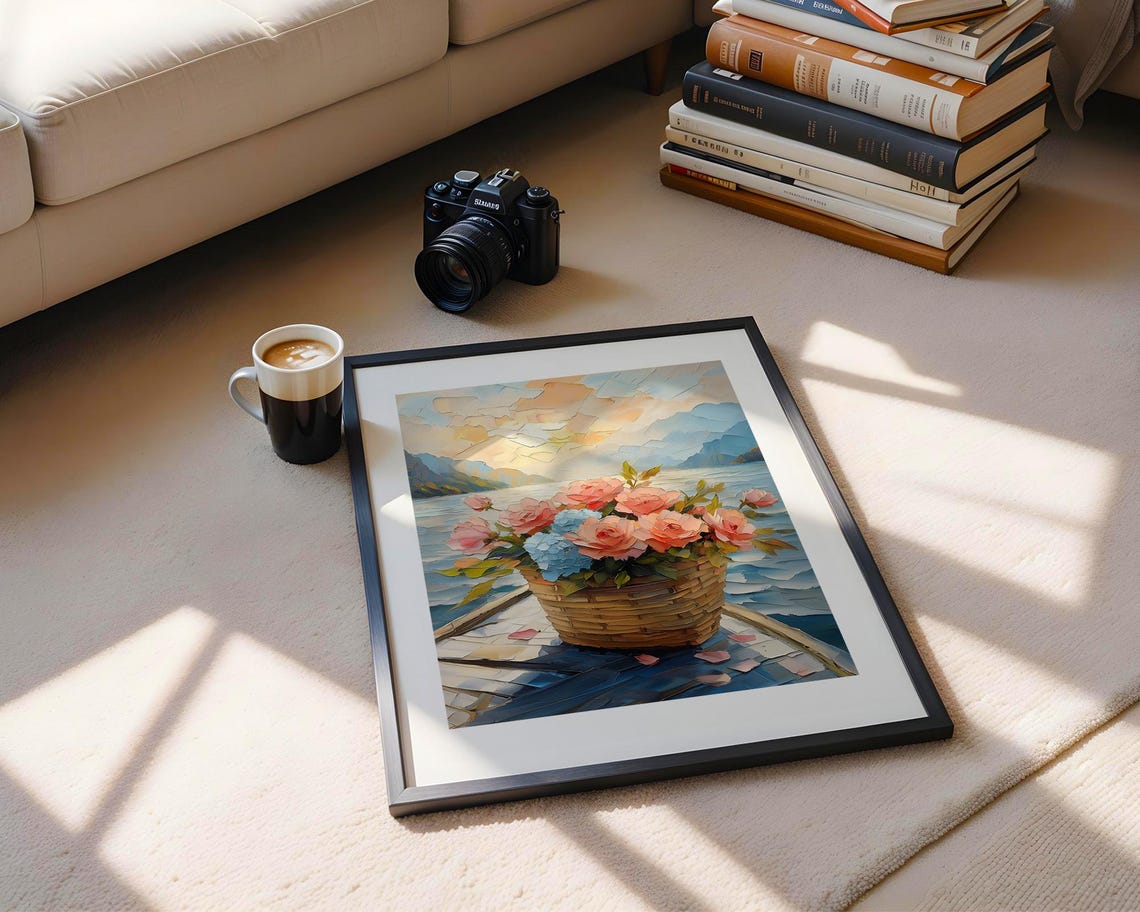 Pink Roses Blue Hydrangea Basket Lakeside Mosaic Style Poster - Image 5