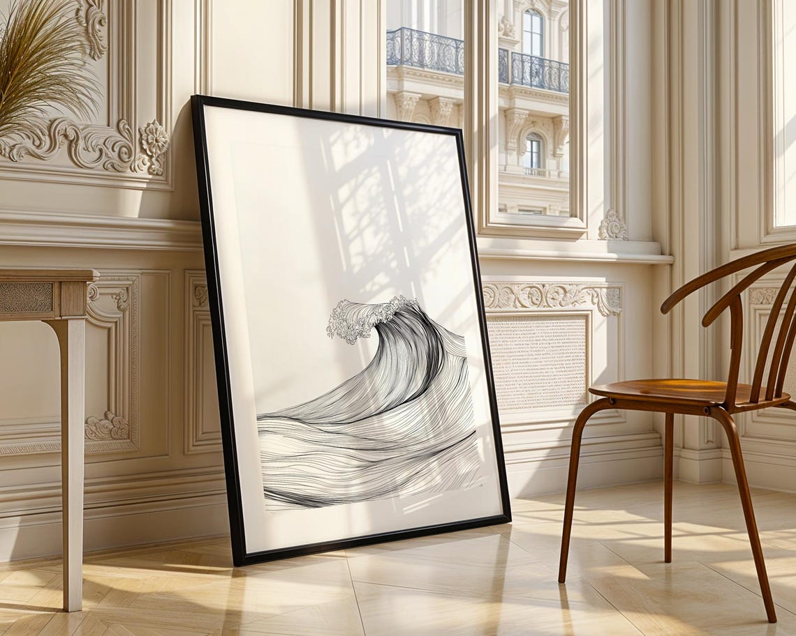Minimalist Ocean Wave Line Art Black White Japanese Style Poster - Image 3