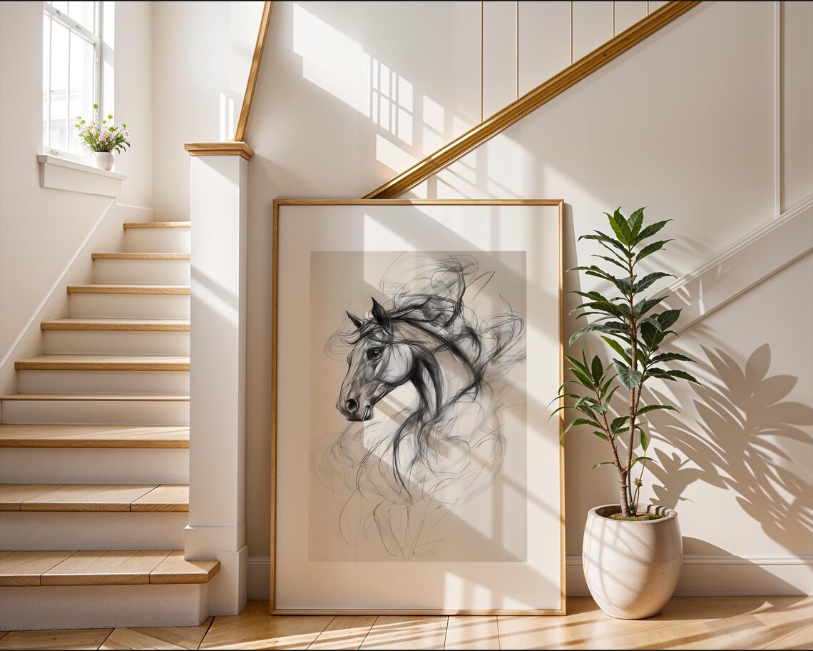 Horse Head Ethereal Flowing Mane Monochrome Sketch Equestrian Art Poster - Image 2