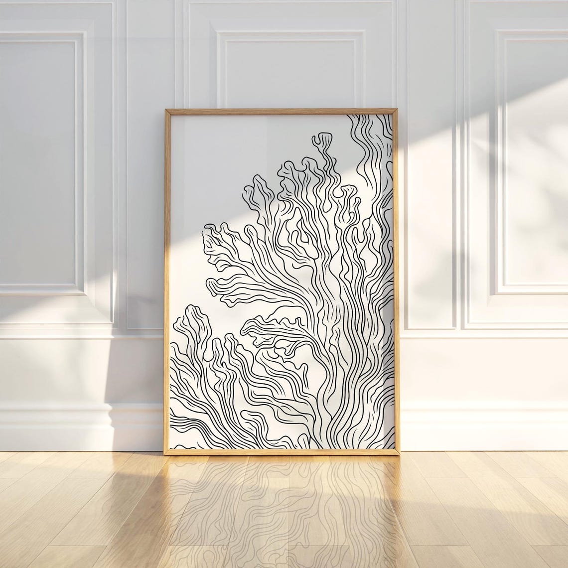 Minimalist Coral Reef Ocean Black And White Line Drawing Poster