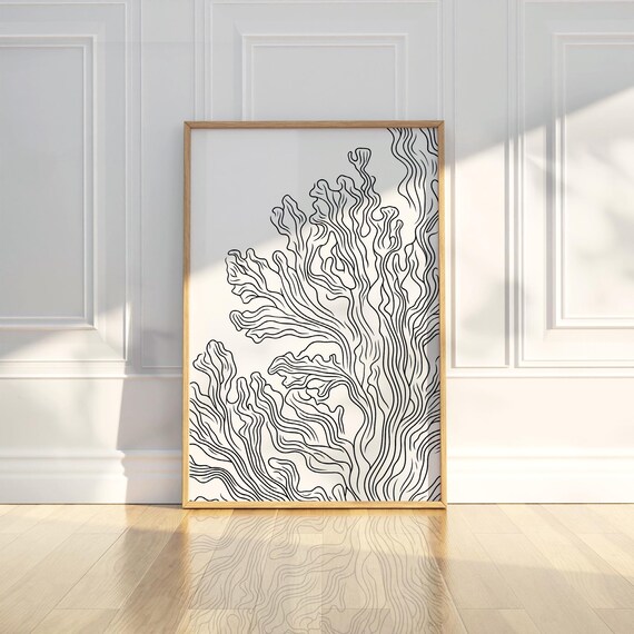 Minimalist Ocean Coral Sea Reef Line Art Sketch Drawing Painting Trendy Poster Wall Print Modern Home Decor