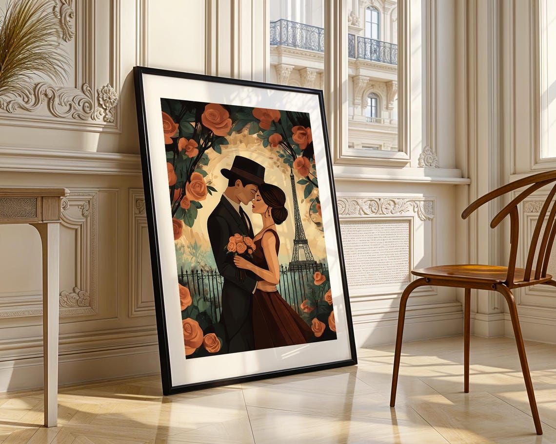 Parisian Eiffel Tower Romantic Couple Roses Vintage Art Print - Image 3