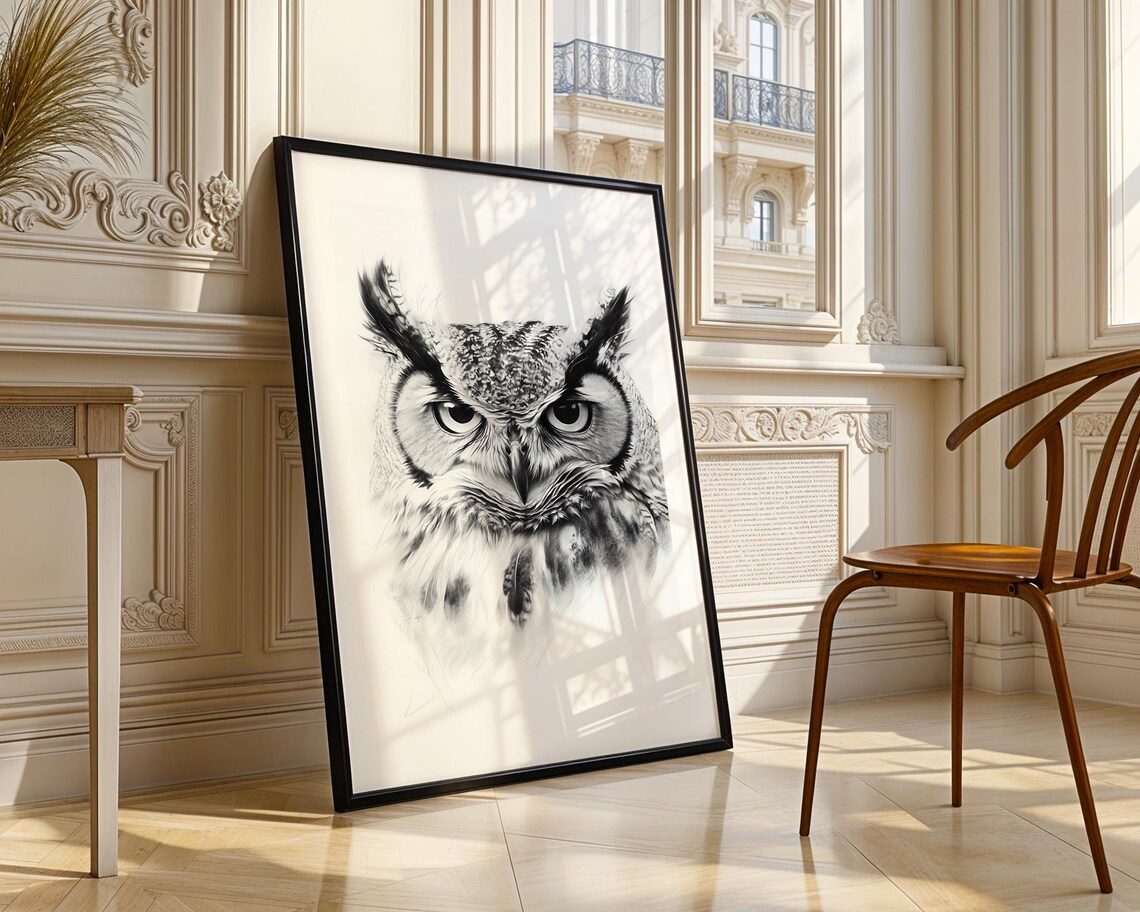 Detailed Great Horned Owl Portrait Monochrome Wildlife Sketch Poster - Image 4
