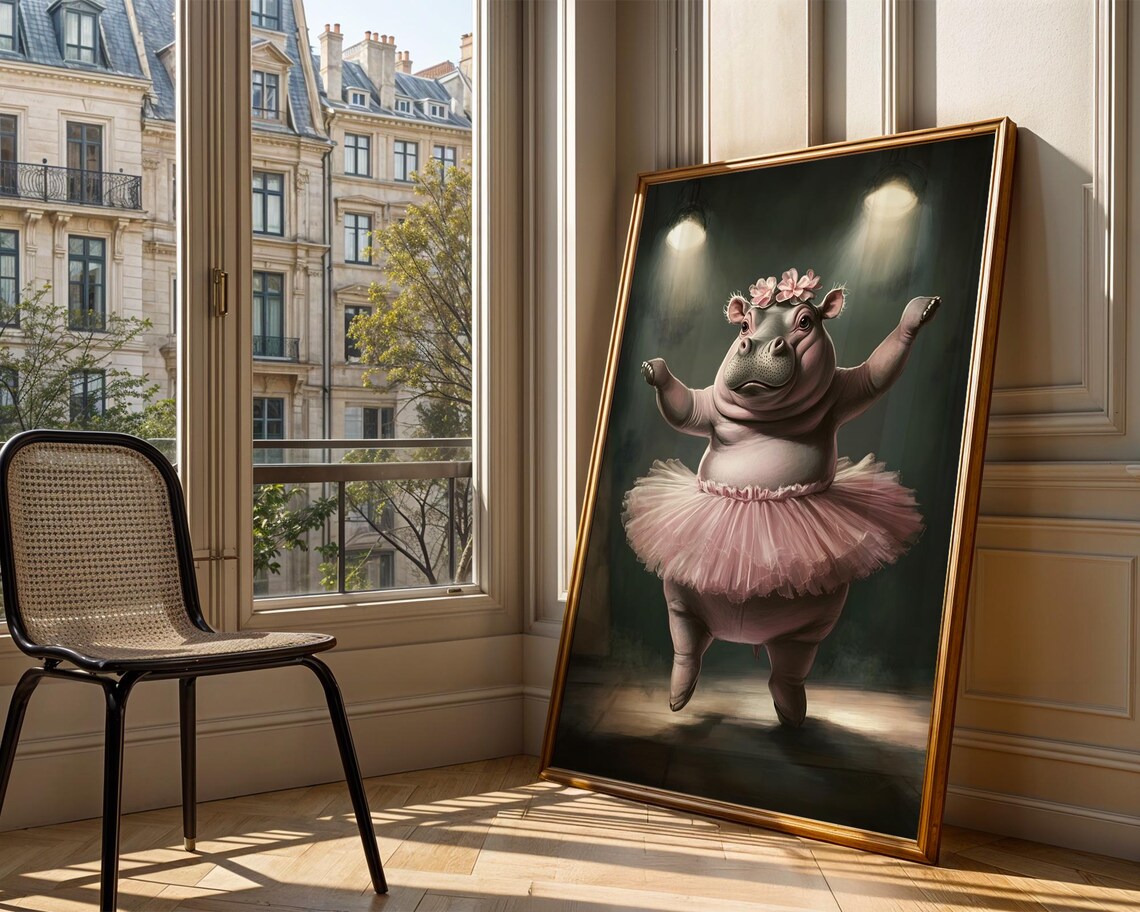 Hippo Ballerina In Pink Tutu Dancing Under Stage Lights Poster - Image 3