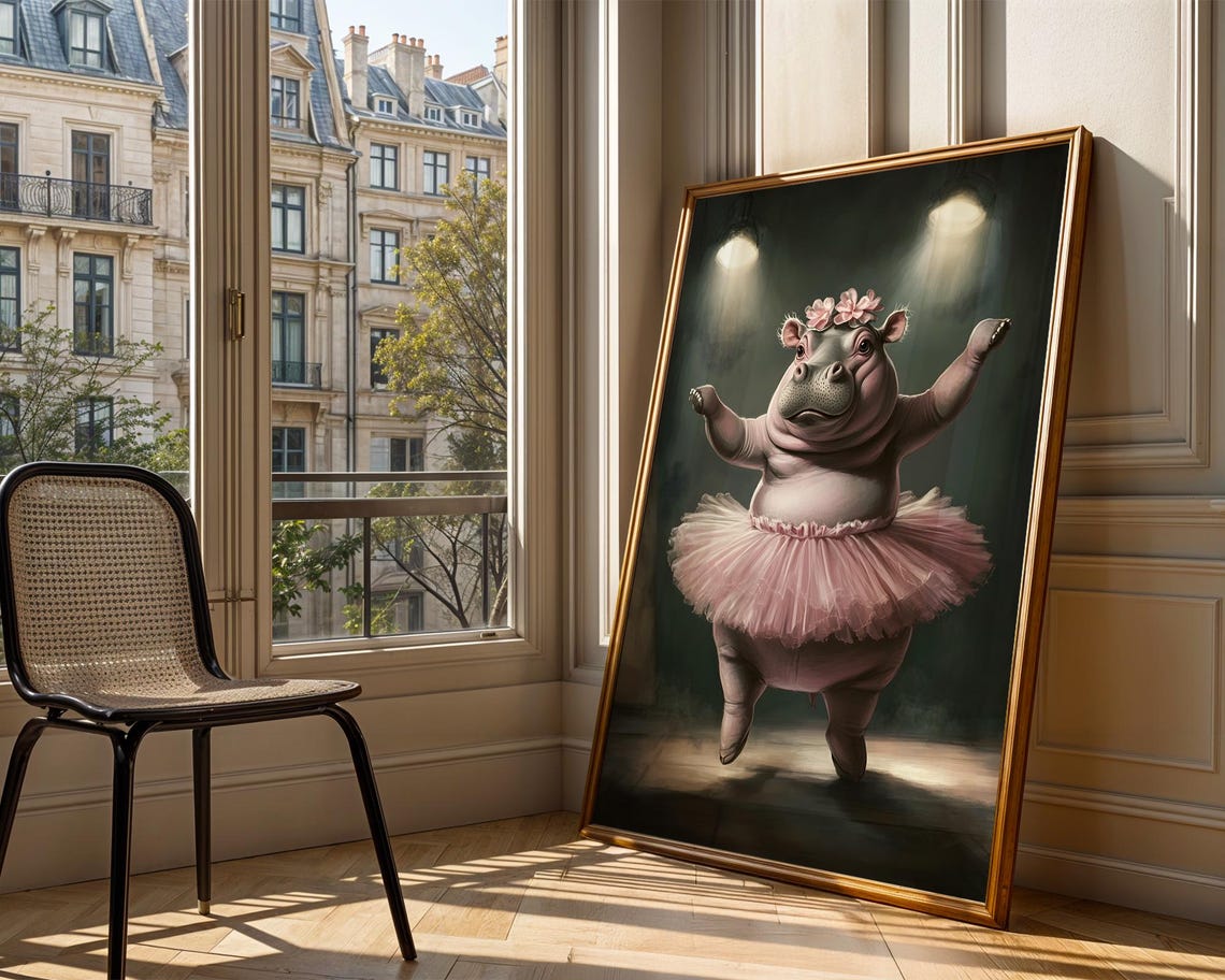 Whimsical Hippo Ballerina Pink Tutu Dance Art Trendy Wall Room Decor Print Poster Funny - Image 3