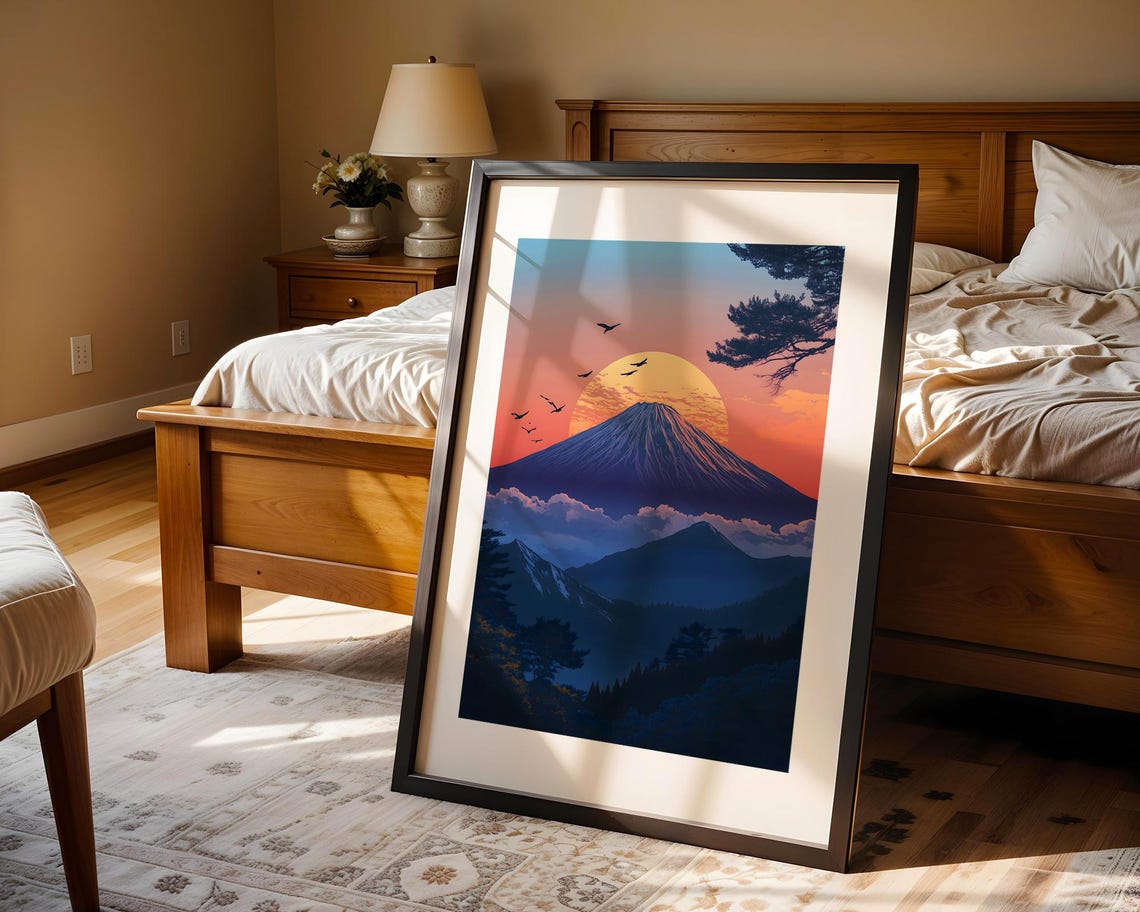 Mount Fuji Sunset Giant Golden Sun Birds Pine Silhouette Poster - Image 4