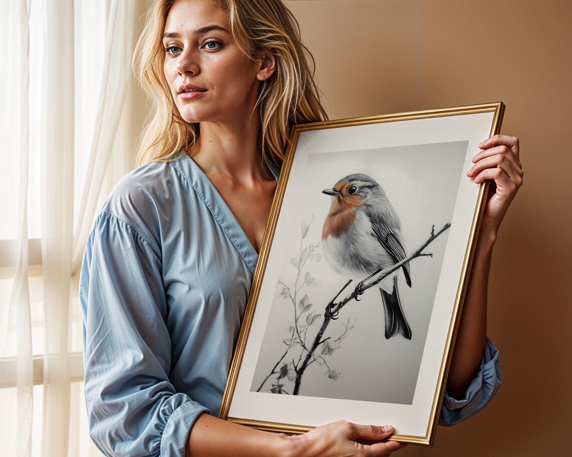 European Robin Perched On Branch Delicate Monochrome Bird Sketch Poster - Image 2