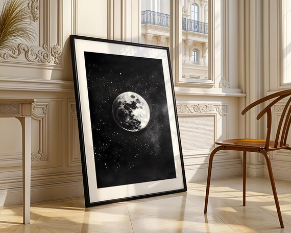 Full Moon Starry Night Sky Black And White Photography Art Poster