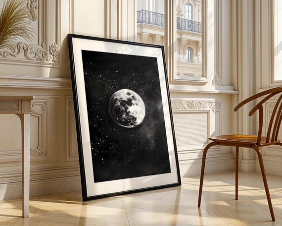 Realistic Full Moon Wall Art Print Celestial Space Night Sky Star Astronomy Cosmic Moody Modern Home Decor Living Room Bedroom Office Gift