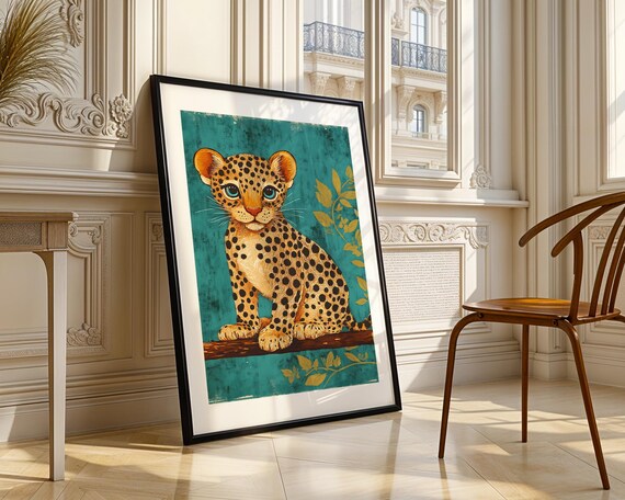 Cute Cheetah Cub With Big Blue Eyes Teal Gold Kids Art Poster