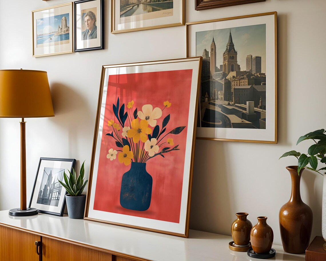 Cheerful Floral Bouquet In Dark Blue Vase On Coral Pink Poster - Image 4