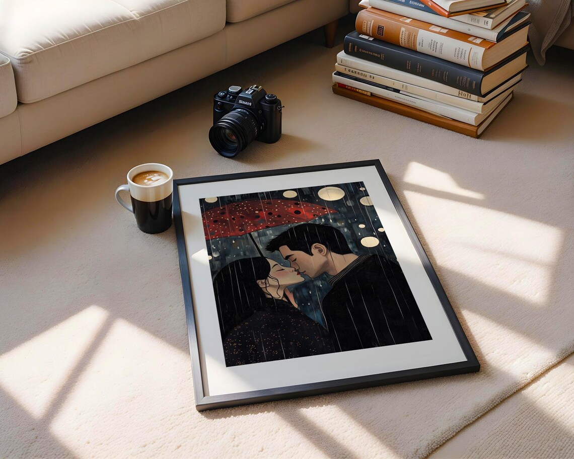 Romantic Couple Kissing Under Red Umbrella In Rainy Night City Poster - Image 4