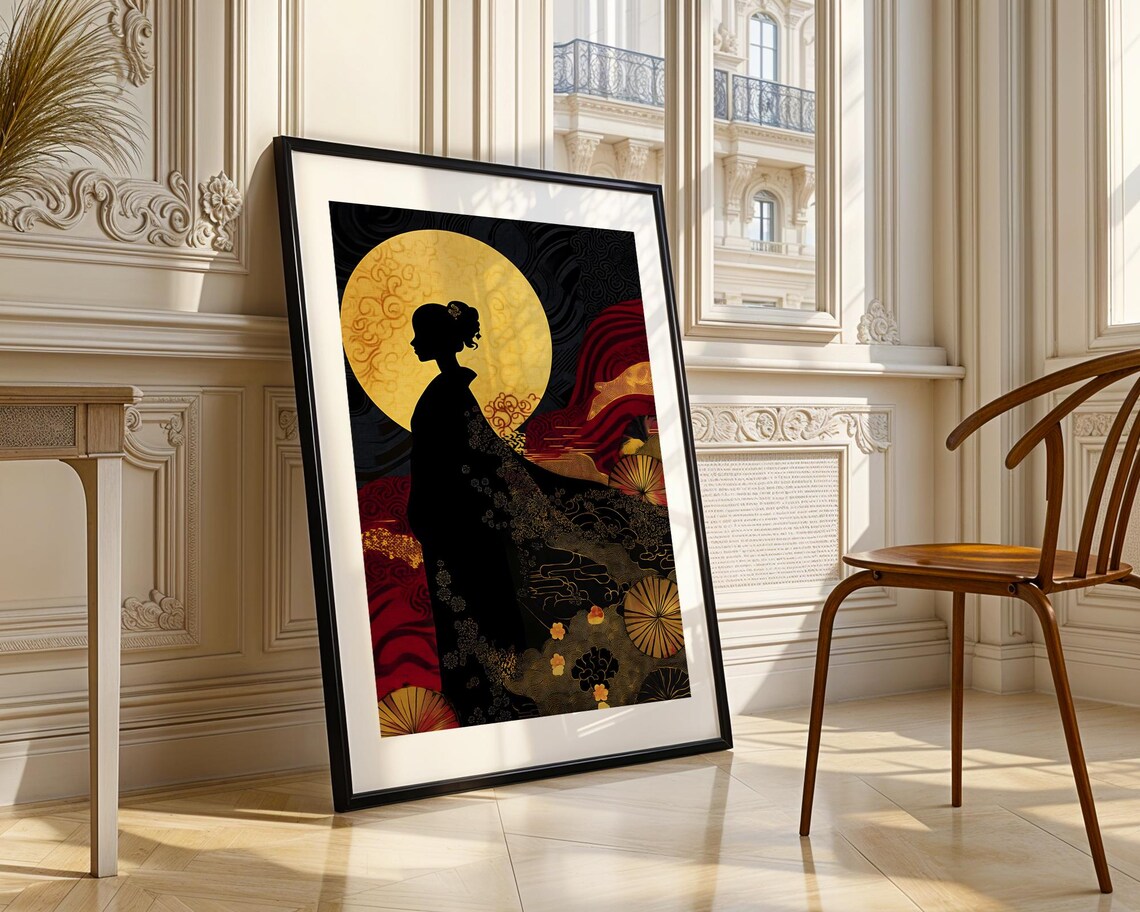 Japanese Kimono Woman Silhouette Golden Moon Black Gold Art Poster - Image 3