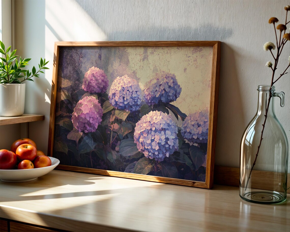 Pink Blue Hydrangea Blooms Summer Garden Flower Oil Painting Poster - Image 3