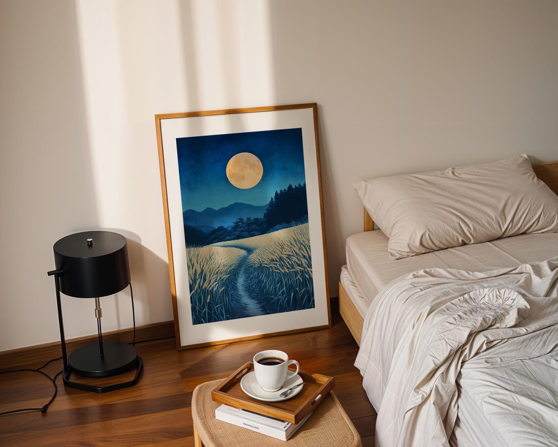 Calm Full Moon Over Golden Field Blue Night Landscape Poster - Image 2