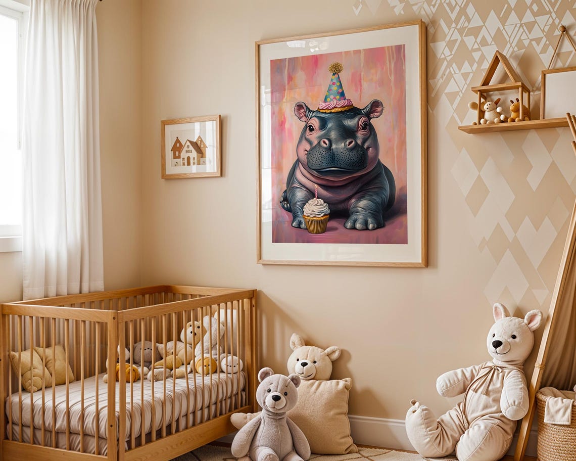 Cute Baby Hippo Party Hat Cupcake Pink Nursery Animal Poster - Image 5
