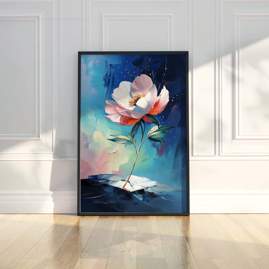 White Flower on Midnight Blue Abstract Gold Floral Style Poster
