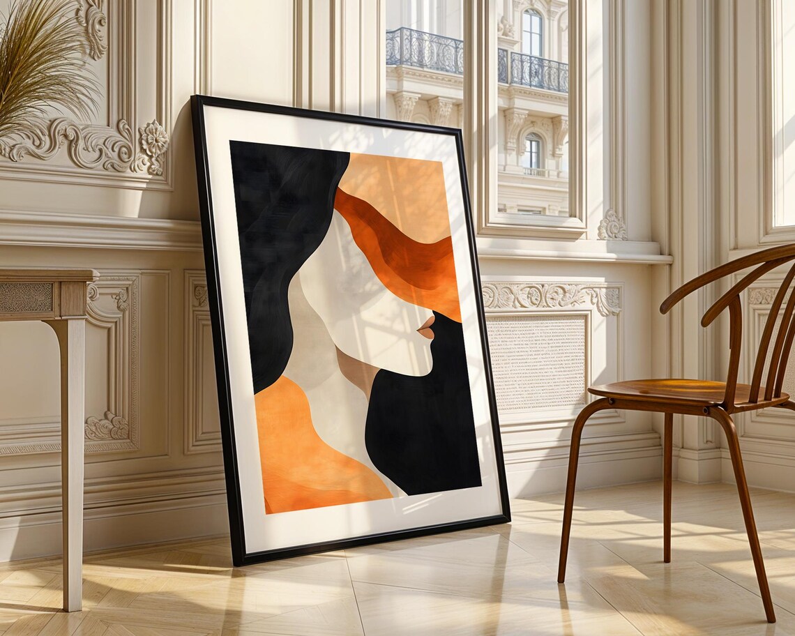 Abstract Woman Face Profile Flowing Orange And Black Modern Line Poster - Image 3