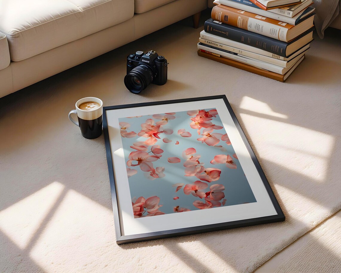 Pink Cherry Blossom Petals Falling Art Poster on Soft Blue Sky - Image 5
