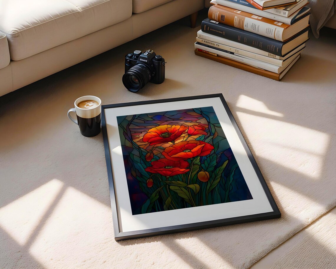 Vivid Glowing Red Poppies Stained Glass Style Floral Decor Poster - Image 5