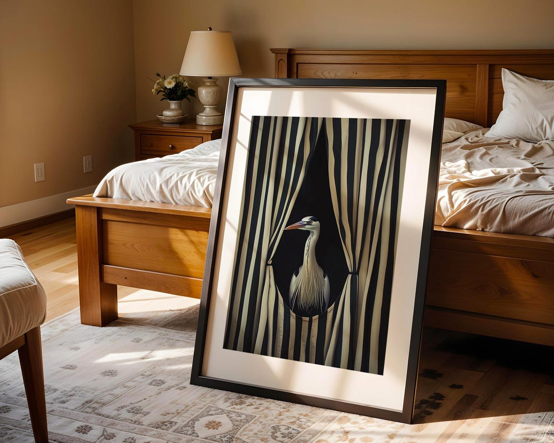 Grey Heron Bird Elegant Dramatic Striped Curtain Wildlife Art Print - Image 4