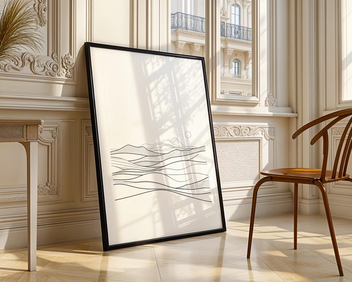 Minimalist Line Art Mountain Landscape with Sunrise Sun Poster - Image 3