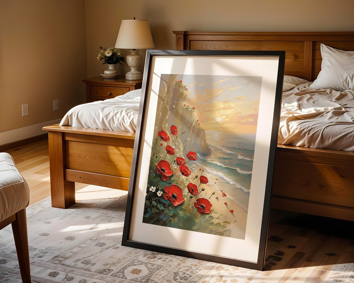 Red Poppies Coastal Cliffs Sunset Sea View Textured Oil Painting Poster - Image 4