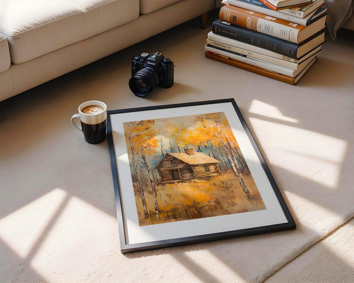 Autumn Log Cabin In Golden Forest Rustic Landscape Painting Poster - Image 5
