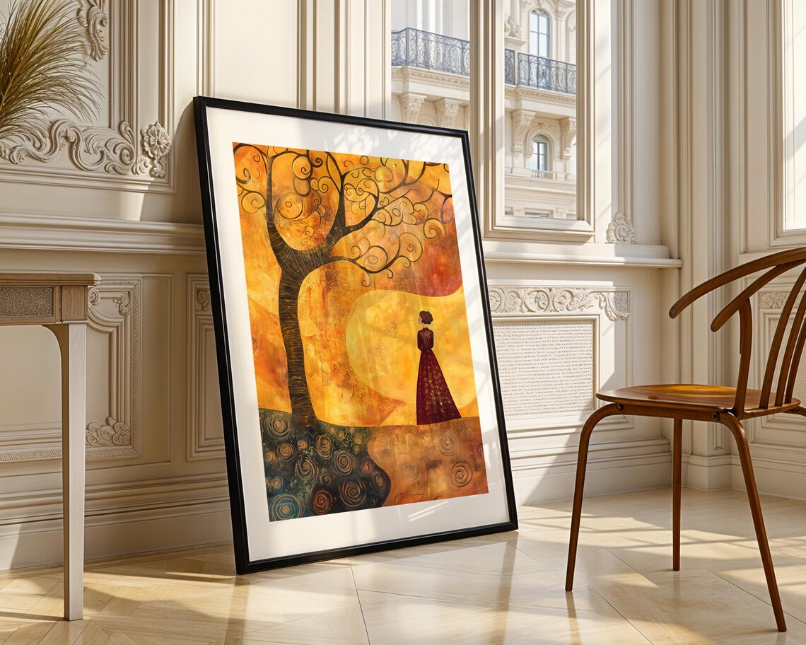 Golden Klimt Style Tree Swirling Branches Woman Red Dress Art Poster - Image 4
