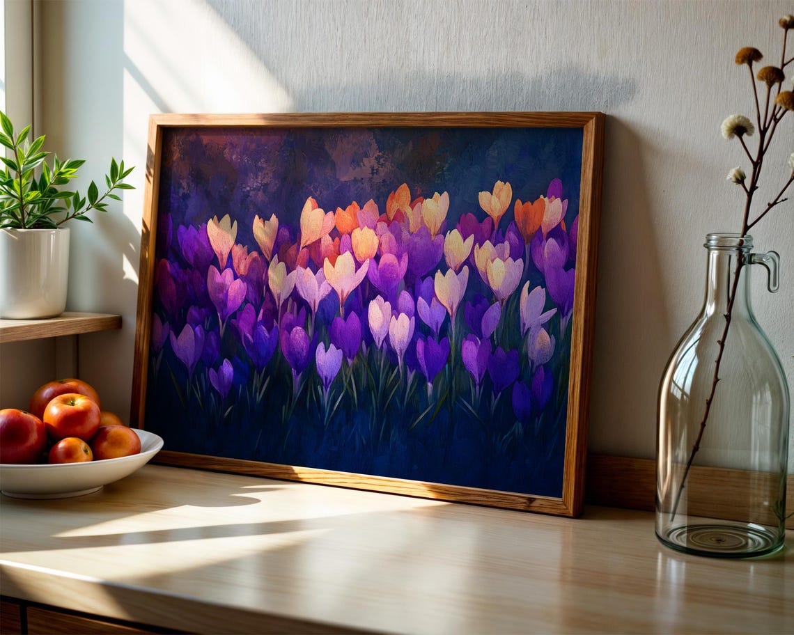 Vibrant Crocus Bloom Field Wall Art Moody Floral Poster For Living Room Office Bedroom Nursery Home Study Decor - Image 2
