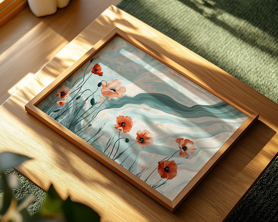 Coral Poppies Teal Marble Waves Modern Botanical Floral Wall Art - Image 2
