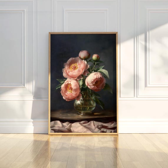 Moody Pink Peonies Flower Painting Print Vintage Dark Floral Art Farmhouse Home Room Decor Wall Gift