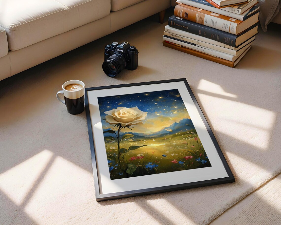 White Rose Starry Night Sky Wildflower Field Mountain Oil Painting Poster - Image 5